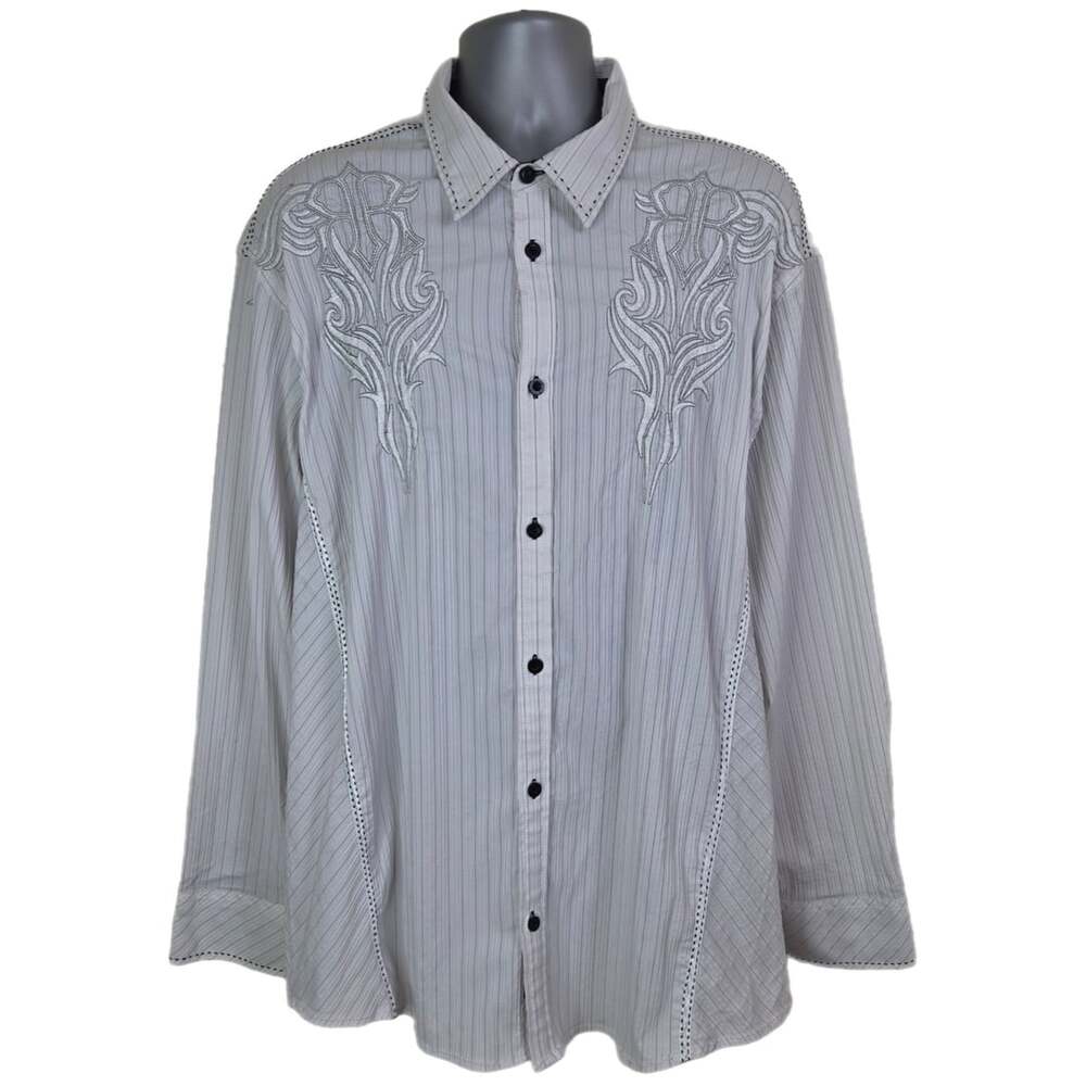 Roar Trent Embroidered Button Down Shirt White Pinstripe Size XL